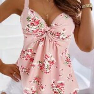Pink Floral Twist Front Round Hem Tank Top